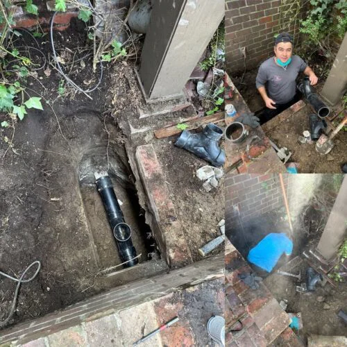 A collage showing outdoor excavation work for pipe repair