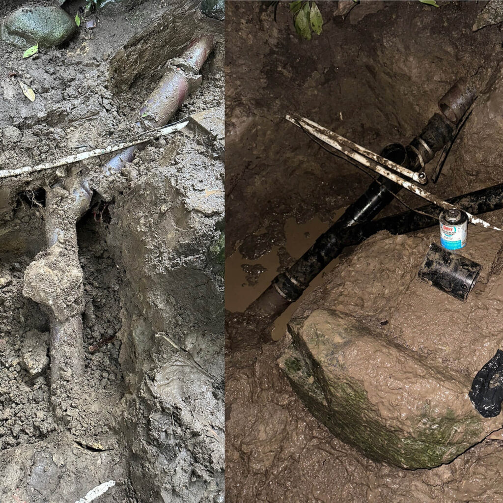 A split image showing old, damaged pipes embedded in mud and newly installed black plumbing pipes