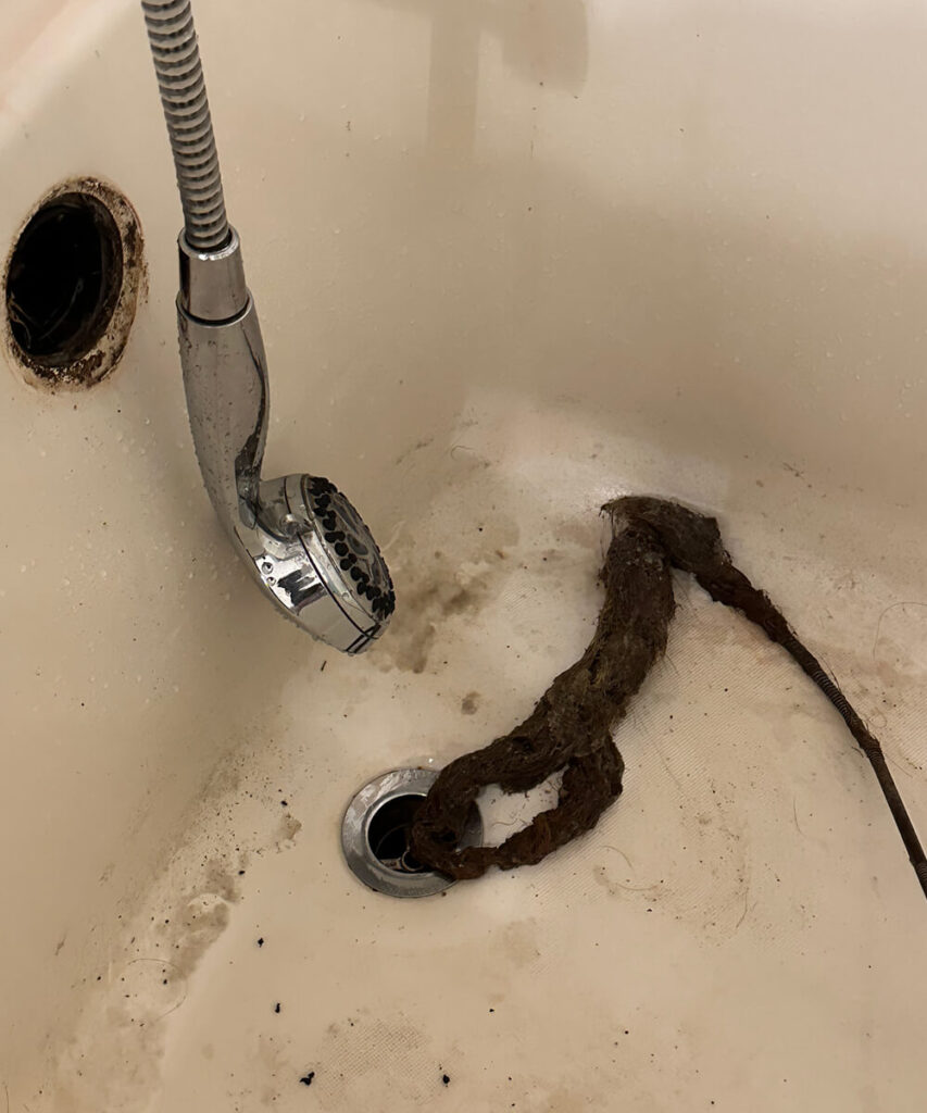 A clogged bathtub drain with a large mass of hair and grime being removed. A handheld showerhead is nearby.