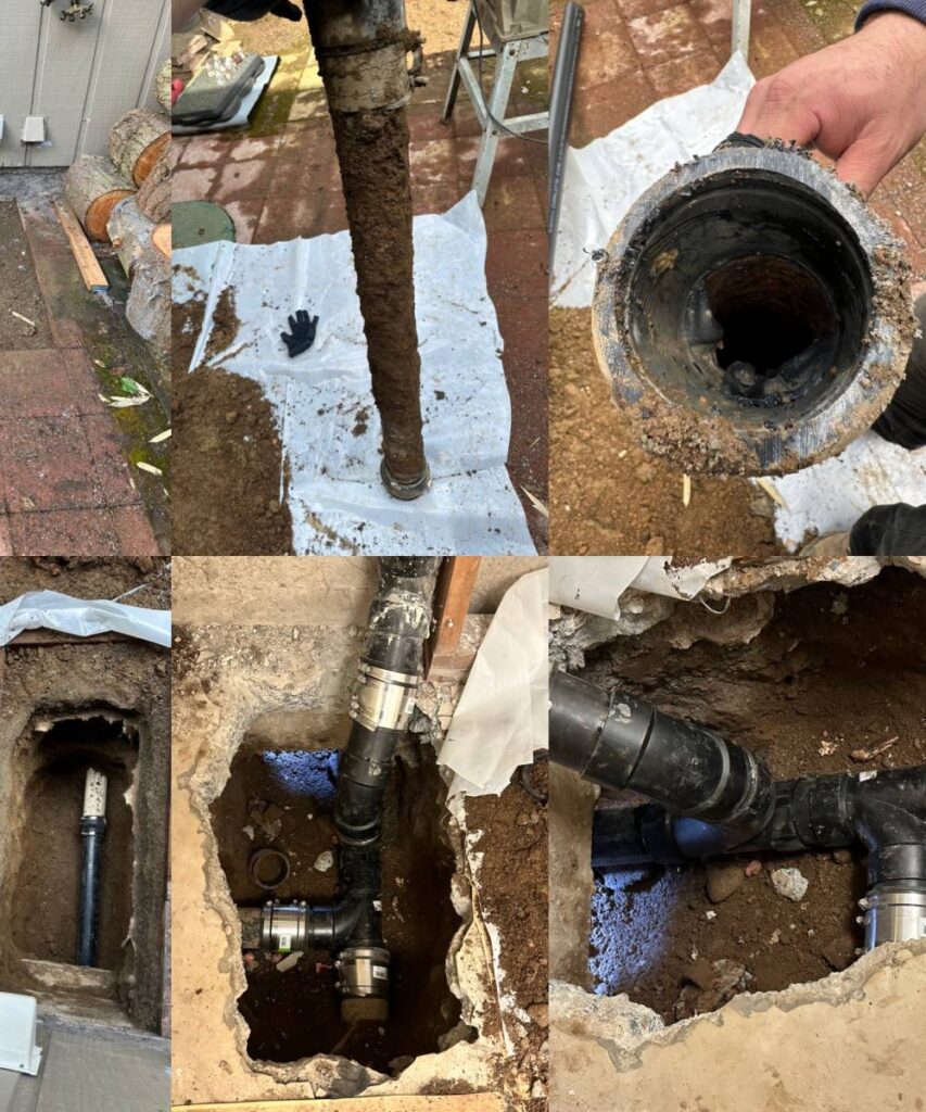A collage of images illustrating a sewer line repair service