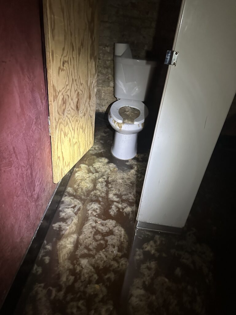 A dark, flooded room showing a toilet amidst murky water and debris