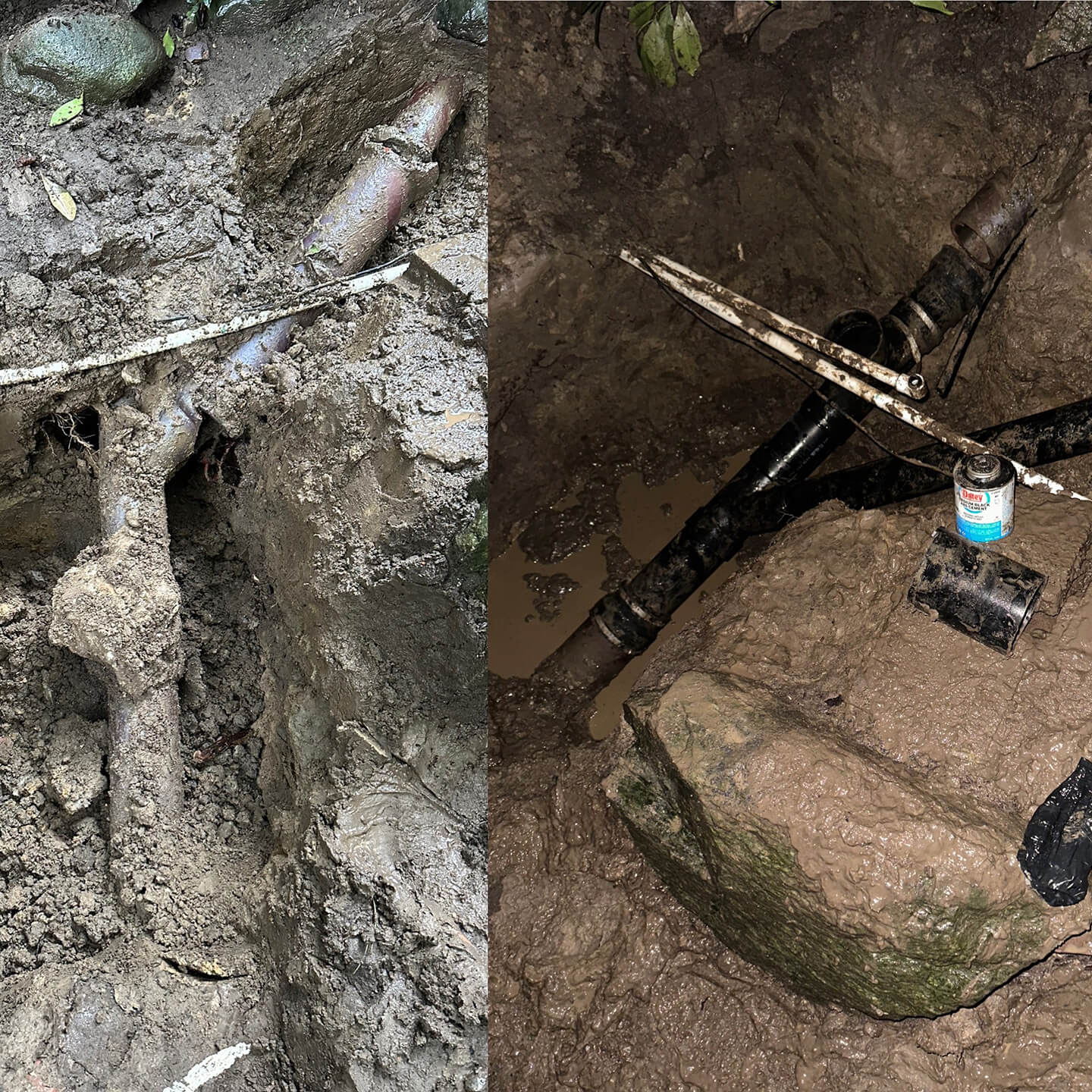 Side-by-side comparison of a main sewer line in Seattle before repair, showing damage and blockage, and after repair, with a smooth, relined pipe.