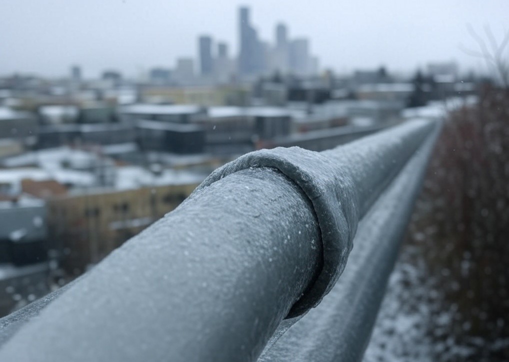 A close-up of a handrail covered in ice, with a blurred, snowy city skyline in the background