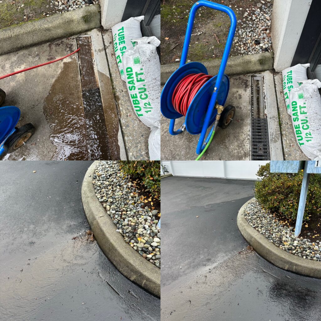 A four-panel image shows hydro jetting equipment and a drain, alongside before-and-after views of a clean, wet paved area