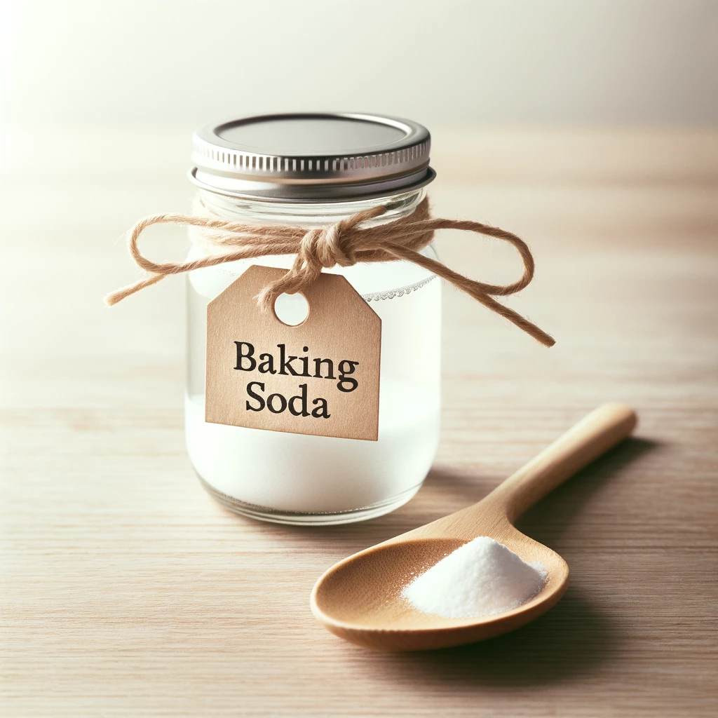 A glass jar containing white baking soda on top of a wooden counter