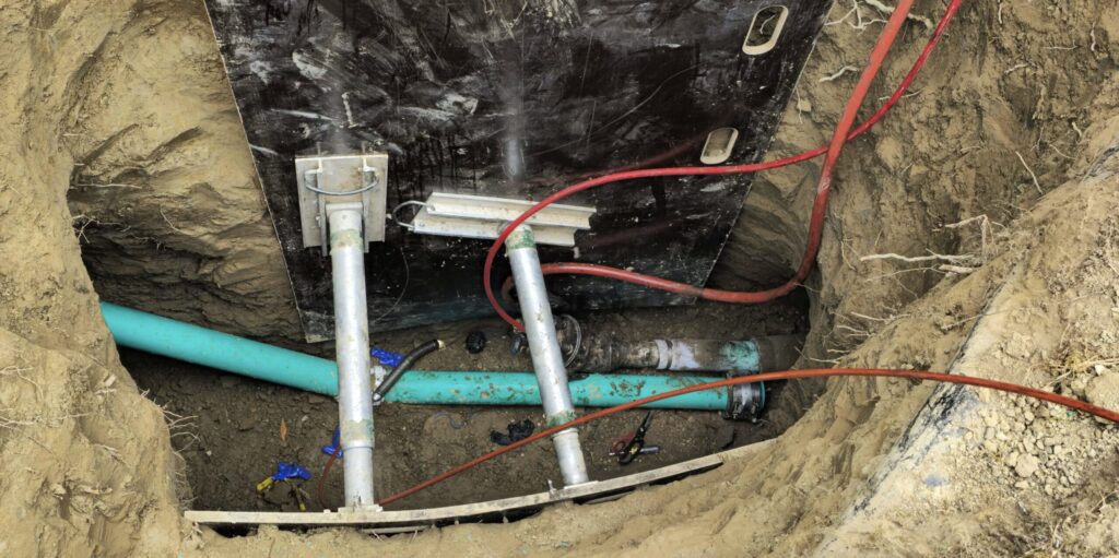 An excavated trench revealing exposed plumbing pipes, support structures, and red wires