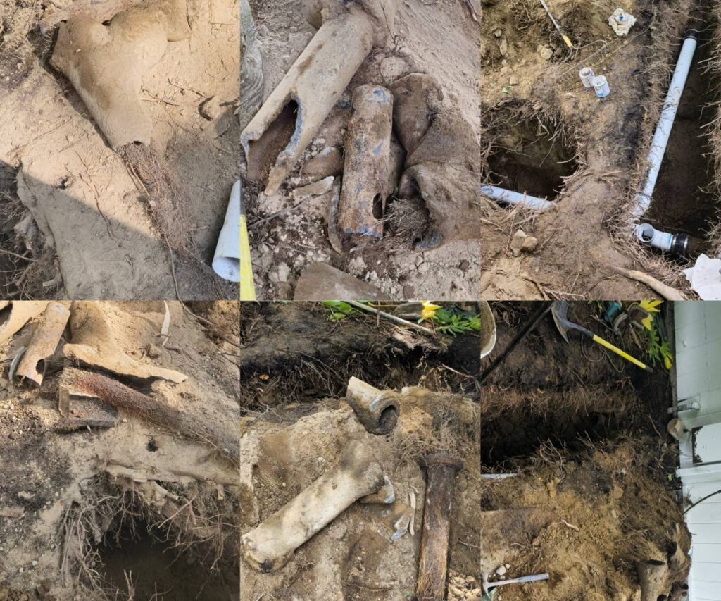 Collage depicting a sewer line replacement project, showing excavated old pipes, roots, and new PVC pipe installation